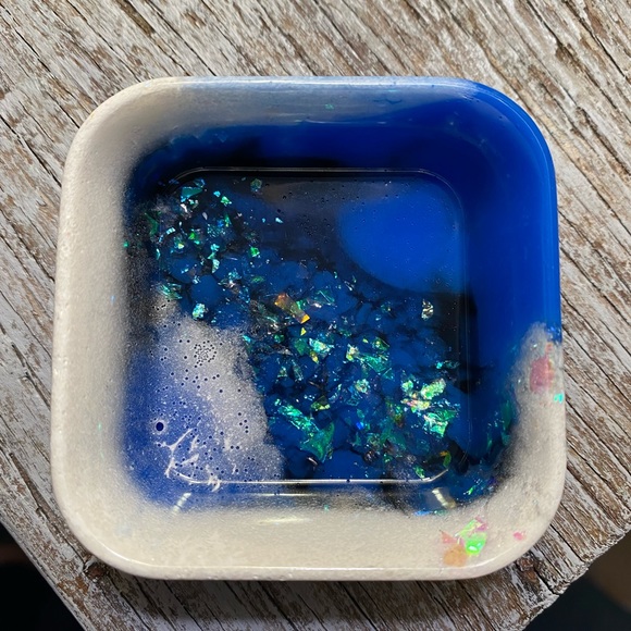 Square Tray / Dish - Blue + Black + White + Iridescent Rainbow Confetti - Picture 3 of 17